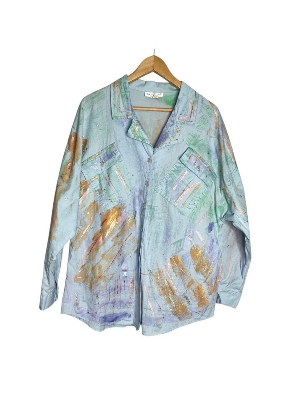 Vintage Lew Magram Abstract Watercolour Painted Sparkle Button Up Blouse, L
